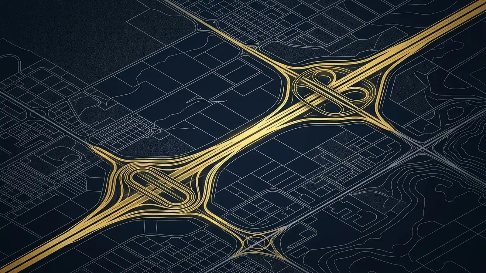 Isometric regional master plan traversed by an illuminated gold highway corridor and interchange loops on navy background