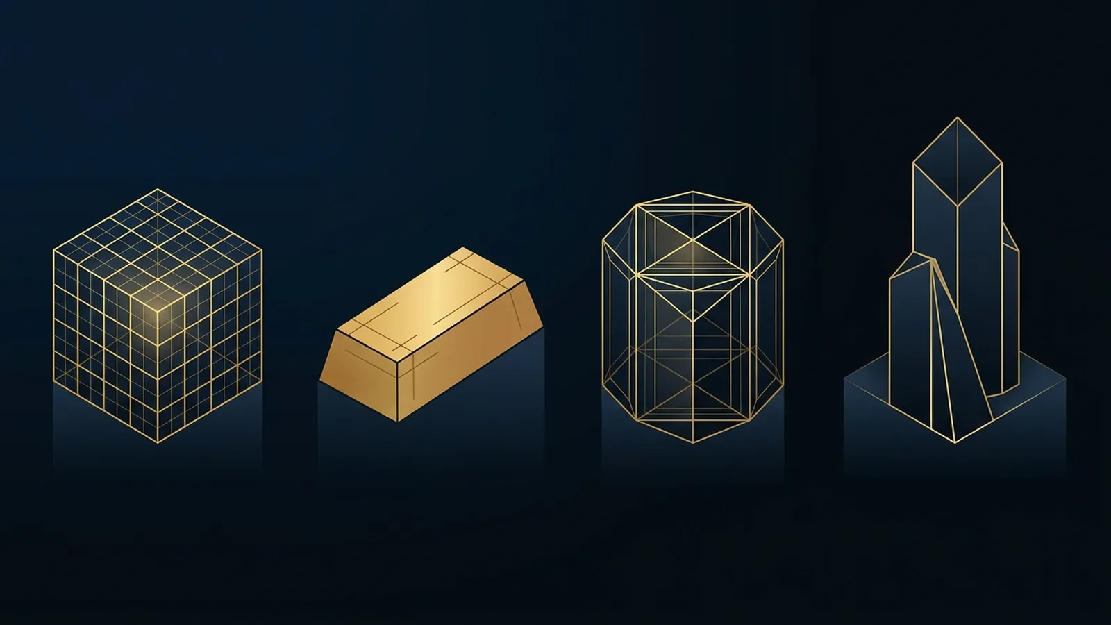 Four abstract geometric forms representing asset classes including land grid cube, gold bar, cylinder prism, and architectural tower