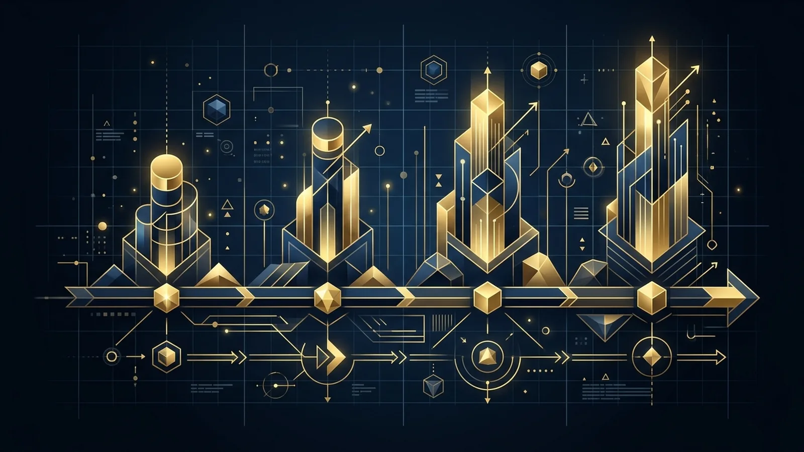 Architectural horizontal timeline axis with progressive milestone pillars and node markers in gold and navy
