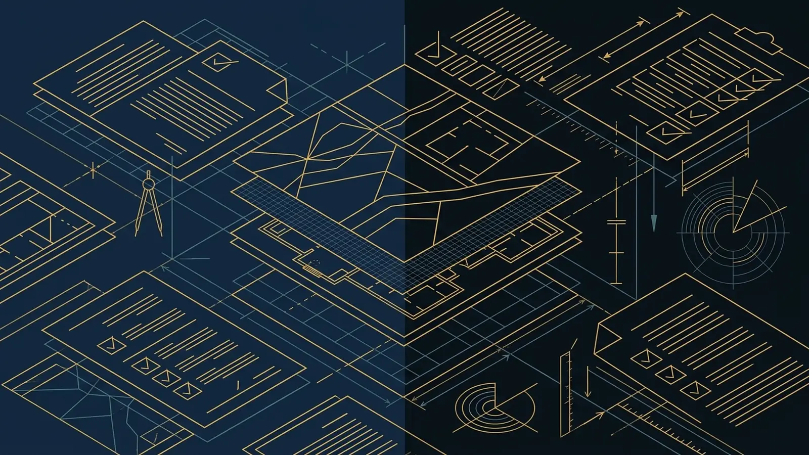 Stylized isometric blueprint drafting layers and document checklist vectors in gold on navy