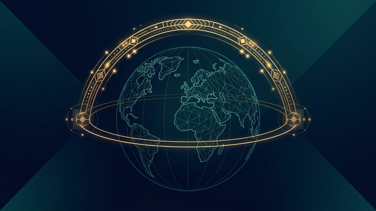 Minimalist wireframe globe with an arched golden orbital transit trajectory joining two global locations