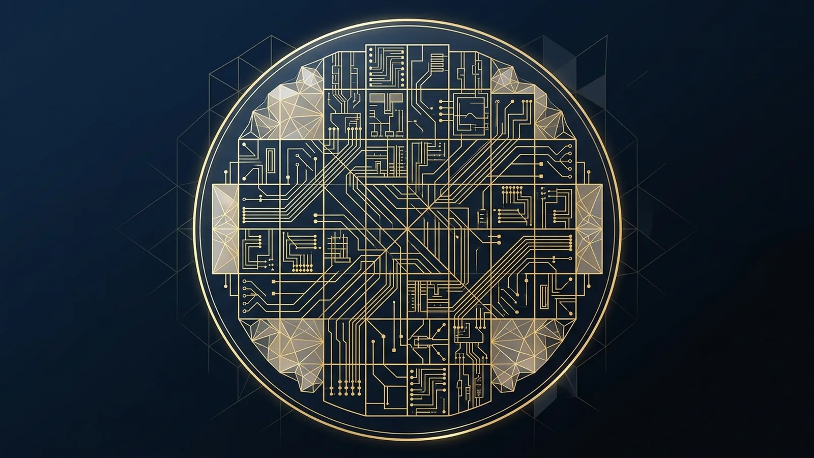 Abstract circular silicon wafer micro-architecture lattice and gold circuit traces on dark navy