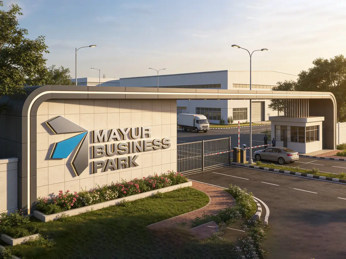 Mayur Business Park entrance gate — developer render, Haripura (Dhandhuka) near Dholera Smart City