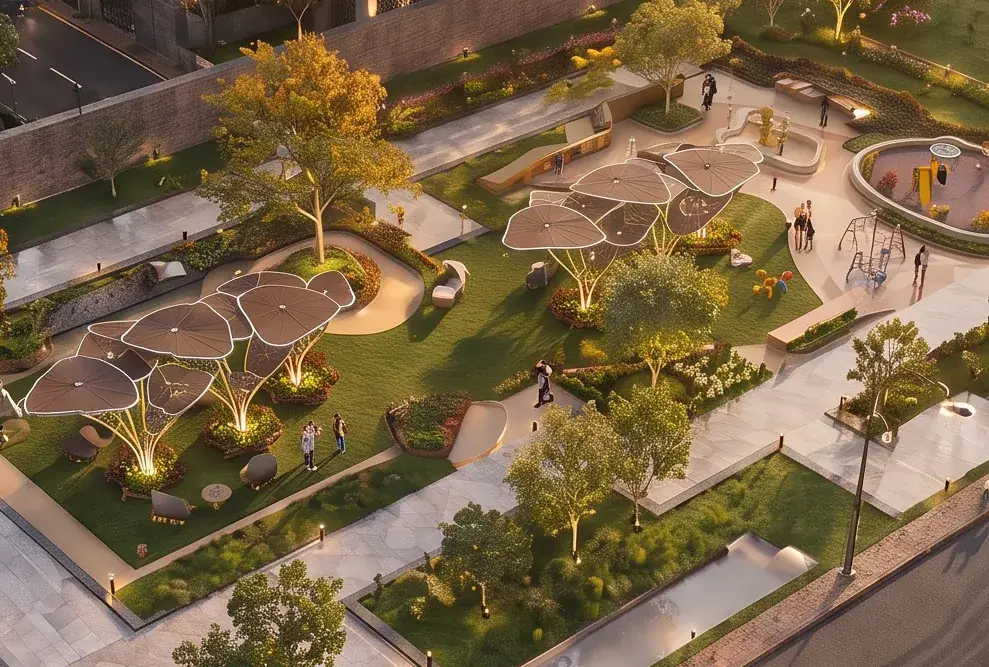 Mayur Prime landscaped garden, aerial view — developer render