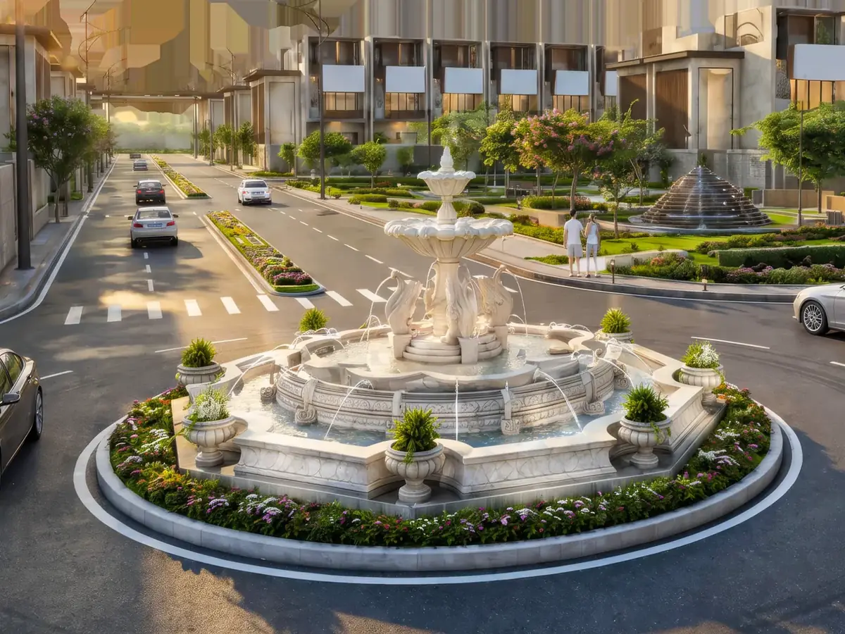Mayur Prime entrance road with fountain roundabout — developer render, Fedra near Dholera Smart City